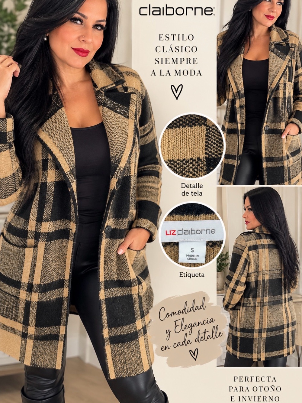 Liz Claiborne Black and Tan Plaid Pea Coat - Classic Plaid Jacket